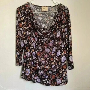 Elie Tahari Top Women Modal Floral 3/4 Sleeve Drape Neck Moisture Wicking New